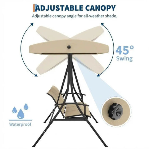 Side view of Three Seat Outdoor Patio Swing Chair With Adjustable Canopy And Armrests Breathable Textilene Seat And Back Comfortable Swing Bench For Garden Poolside Or Backyard 3 Person Seating Beige showing adjustable beige canopy and swing angle.
