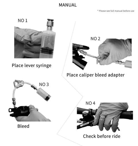 Step-by-step manual for Advanced Hydraulic Disc Brake Bleed Kit For Avid, Hayes And Formula Brakes, showing use of bleed adapters.