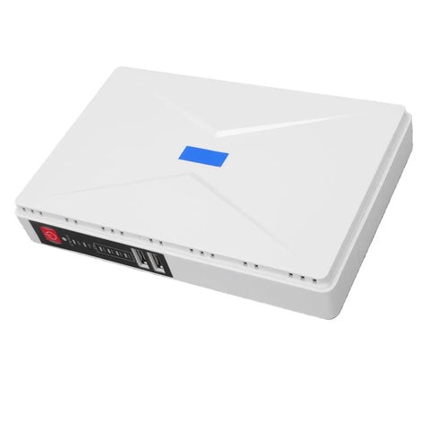 Mini Ups 10400Mah Dc Uninterruptible Power Supply Offering Rock Solid Router Modem Backup Battery in compact white design.