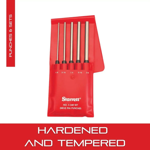 Extra Long Drive Pin Punch Set With Knurled Grip And Protective Vinyl Case 8 Inch Length 1/8 3/16 1/4 5/16 3/8 Inch Diameters