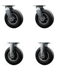 Heavy Duty Eight Inch Semi Pneumatic Casters Set Of Four With Rock Solid Black Rubber Wheels And Legit Crawling Action Includes Two Swivel And Two Rigid Units For Beast Mode Heavy Hauling, showing four casters with black rubber wheels.