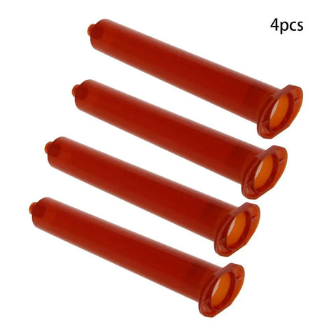 Brown 55cc Plastic Adhesive Syringe Dispensing Kit 4 Pack With Piston For Glue And Resin Applications, shown with four brown 55cc syringe barrels