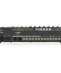 Rear view of Xenyx X2222USB Premium 22 Input 2 By 2 Bus Mixer with XENYX Mic Preamps, showing input/output ports and connections.