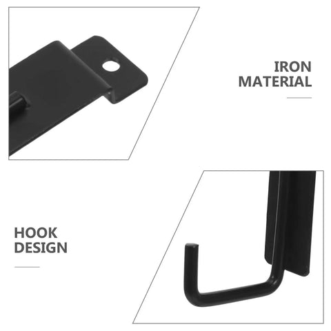 Close-up of Black Iron Slat Wall Panel Hooks Set For Garage Storage And Retail Display showing iron material and hook design