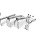 Heavy Duty Garden Hoe Stainless Steel Double Use Tool For Weeding And Planting with ergonomic handle, displayed with other garden tools.