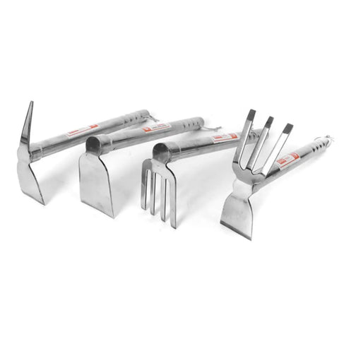 Heavy Duty Garden Hoe Stainless Steel Double Use Tool For Weeding And Planting with ergonomic handle, displayed with other garden tools.