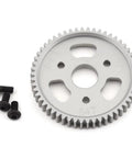 Beefy Aluminum Slipper Gear 54T 0.8M 32P for Traxxas 4x4, shown in light gunmetal with mounting screws, high-performance upgrade gear.