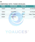 Compatibility chart for Front Wheel Bearing And Hub Assembly For Toyota Camry 2018 To 2022 Avalon 2021 And Lexus ES250 2021 To 2023 2.5L L4 5 Lug Direct Fit Plug N Play Replacement Hub 513439 HUB61872