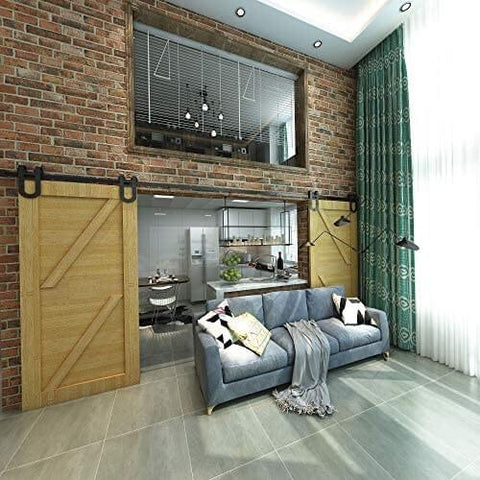 Black Rustic Non Bypass Sliding Barn Door Hardware Kit For One Door With 6 Ft Flat Track And Horseshoe Design Rollers installed