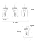 Diagram of Farmhouse Mason Jar Bathroom Vanity Lights With Faux Wood Backplate In Warm Brown Finish dimensions labeled.