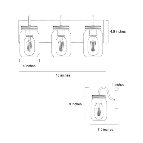 Diagram of Farmhouse Mason Jar Bathroom Vanity Lights With Faux Wood Backplate In Warm Brown Finish dimensions labeled.