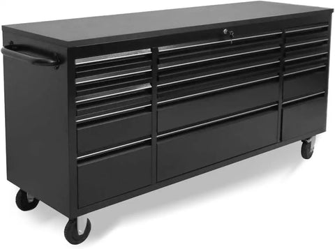 Front view of Beefy 72 Inch Rolling Tool Chest On Wheels With 15 Drawers, Mobile Tool Cabinet With Locking System, Drawer Liners, Black
