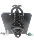 Heavy Duty Black Palm Tree Wall Mounted Beer Bottle Opener with cap catcher bucket and mounting screws.