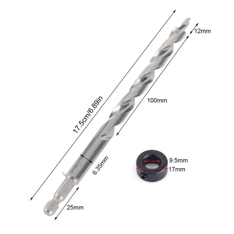 Heavy Duty 3/8 Step Drill Set With Lip And Spur Point Hex Shank For Precision Pocket Hole Depth Stop Collar Jig Woodworking Woodw Bits, 12mm bit and collar