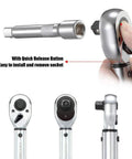 Half Inch Drive Click Torque Wrench Dual Direction Adjustable with 72-Tooth Head close-up showing quick-release button