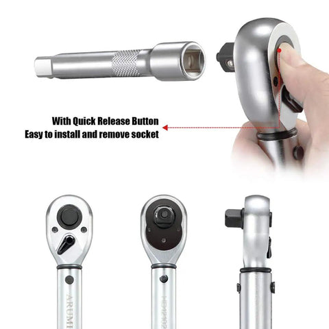 Half Inch Drive Click Torque Wrench Dual Direction Adjustable with 72-Tooth Head close-up showing quick-release button