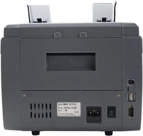 Rear view of Heavy Hitter Mixed Denomination Money Counter Machine with Smart Counterfeit Detector and ports for connections.
