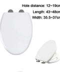 Heavy Duty Universal Toilet Seat And Lid With Drop Dead Smooth Soft Close Drop Down And Quick Release Hinges close up showing dimensions and hinge details.