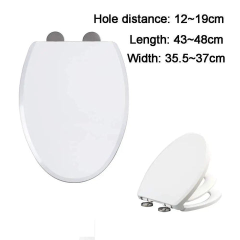 Heavy Duty Universal Toilet Seat And Lid With Drop Dead Smooth Soft Close Drop Down And Quick Release Hinges close up showing dimensions and hinge details.