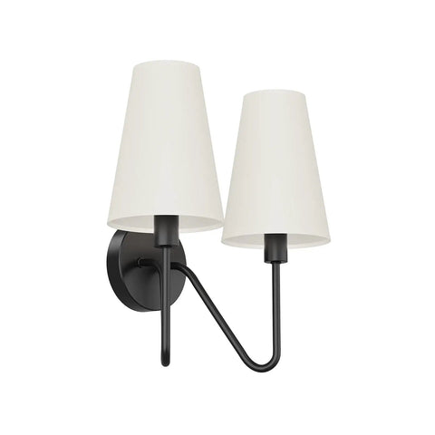 Two Light Wall Sconce Fixture In Black With Cream White Linen Lamp Shades, E12 Candelabra Base, 13.6 Inch High, Side View