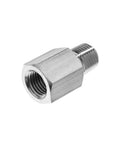 Rock Solid 316 Stainless Steel Pipe Adapter 1/8 Inch Straight With NPT Male To BSP Female Threads For Hardcore Instrumentation Work, close-up view.
