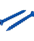 Close-up of two blue 3/16 Inch By 1-3/4 Inch Star Torx Concrete Anchor Screws, 100 Pack with Drill Bit Included for masonry use.