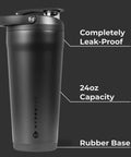 Vacuum Insulated Protein Shaker Bottle Built For Totally Dead Silent Mixing And Sweat Proof Shell Locks Your Preworkout Ice Cold Through Savage Gym Sessions And Long Haul Drives In Matte Black, showing leak-proof design and rubber base.
