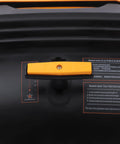 Badass Heavy Duty Walk Behind Push Sweeper With A Wide Forty One Inch Brush And Spacious Dust Bin control panel view with yellow handle.