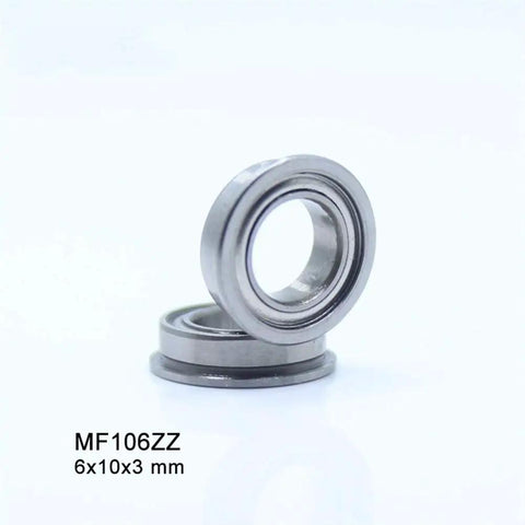 Get Cranking With These 10 Pack Flanged Deep Groove Ball Bearings in Smooth Chrome Steel And ABEC-1 Precision For Your DIY Build Projects Today, showing two MF106ZZ bearings 6x10x3mm.