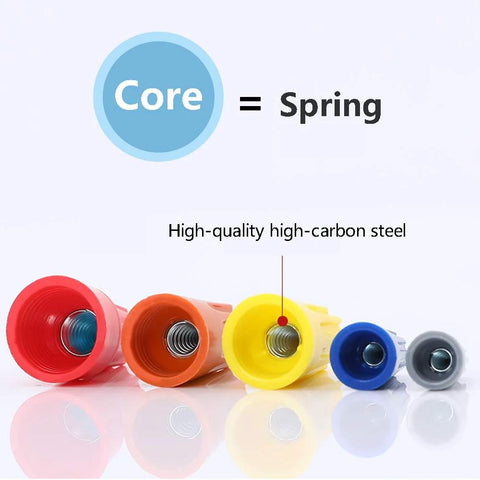 Close-up of color-coded wire connectors from 330 Piece Wire Cap Nut Assortment Kit For Electrical Splices No Soldering Quick Twist On Wire Connectors.