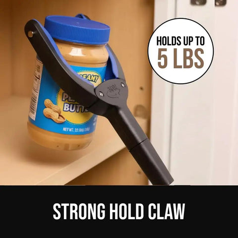 Strong Rubber Lined Claw Grabber Two Pack Reacher Tool for Seniors with peanut butter jar, holding up to 5 lbs