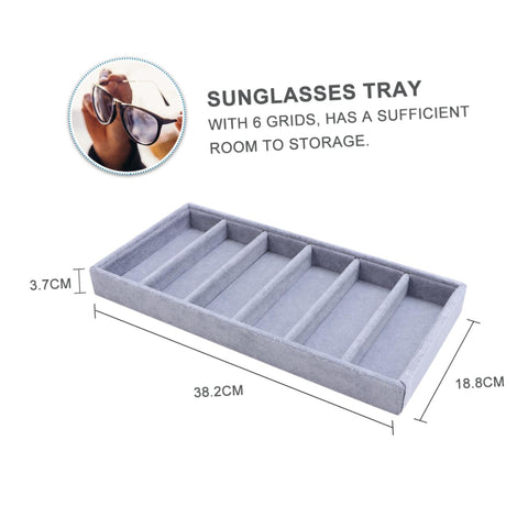 Keep Your Shades Locked And Loaded In This Slick Six Slot Sunglasses Tray And Jewelry Display Holder Crafted From Premium Soft Fabric For Zero Stress Eyewear Organization, grey fabric tray, six slots, 38.2cm x 18.8cm.