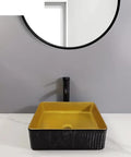 Bathroom Countertop Vessel Sink Bathroom Sink Hotel Apartment Bathroom Wash Basin Square Counter Basin Home Bathroom Vessel Sink Modern Art Basin Bathroom Sinks in black and gold color with round mirror
