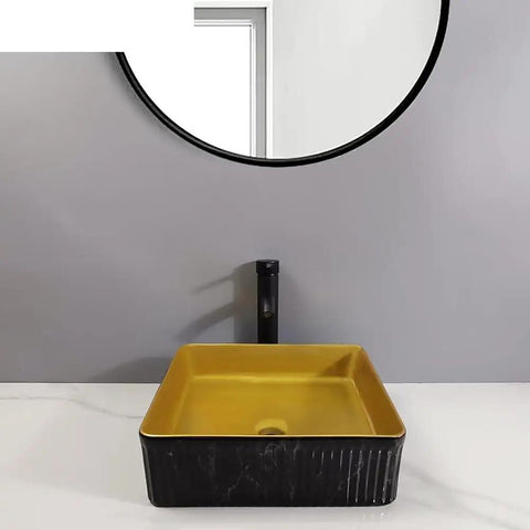 Bathroom Countertop Vessel Sink Bathroom Sink Hotel Apartment Bathroom Wash Basin Square Counter Basin Home Bathroom Vessel Sink Modern Art Basin Bathroom Sinks in black and gold color with round mirror