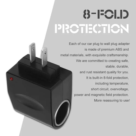 Premium No Sweat Car Cigarette Lighter To House Outlet Adapter AC DC Power Converter for Small Electronics Under Six Watts, showing 8-fold protection features.