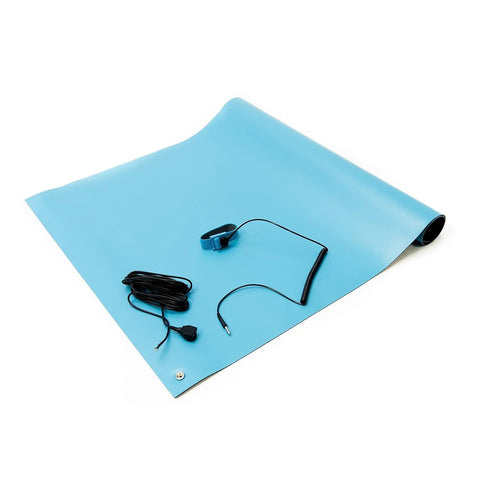 ESD Safe High Temperature Mat Kit For Electronics Assembly, 18 Inches Wide, 30 Inches Long, 0.08 Inches Thick, Blue, Includes Wrist Strap