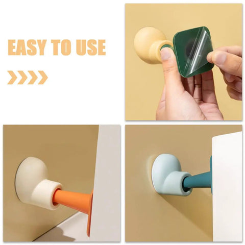 Wall Mounted Door Stopper Set Four Pack, Non Slip PP And TPR Material with adhesive backing being applied, shown in assorted colors
