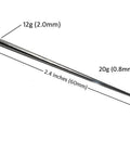 12G 2.0mm Stainless Steel Insertion Taper Pin for Piercing Stretching, 316L Implant Grade Hollow End Calor Style Tool, Gauge Up From 14G to 12G, No Thread Inside, 60mm Length, shown angled with size labels