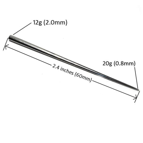 12G 2.0mm Stainless Steel Insertion Taper Pin for Piercing Stretching, 316L Implant Grade Hollow End Calor Style Tool, Gauge Up From 14G to 12G, No Thread Inside, 60mm Length, shown angled with size labels