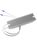 RXLG 100W 50Ω aluminum finned resistor, white leads with blue connectors, side view.
