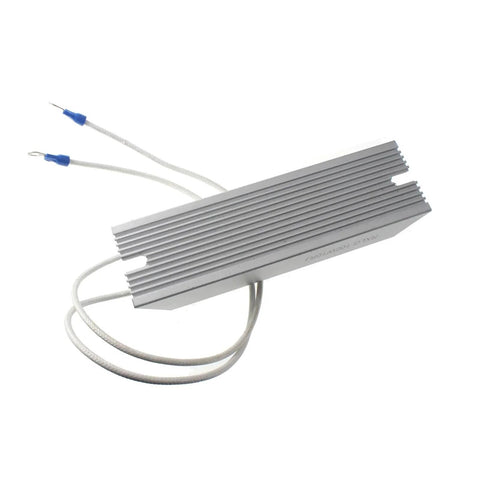 RXLG 100W 50Ω aluminum finned resistor, white leads with blue connectors, side view.