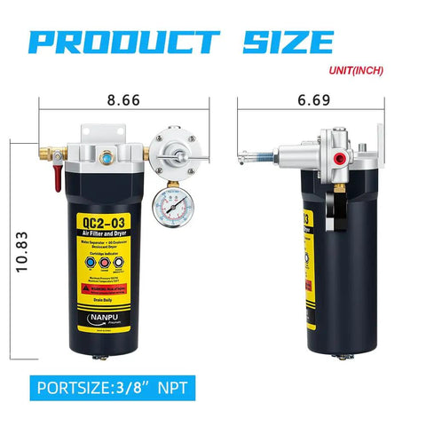 3/8 NPT Desiccant Air Dryer With Regulator And Gauge Inline Moisture Filter For Air Compressors 120 CFM 152 PSI, front and side view