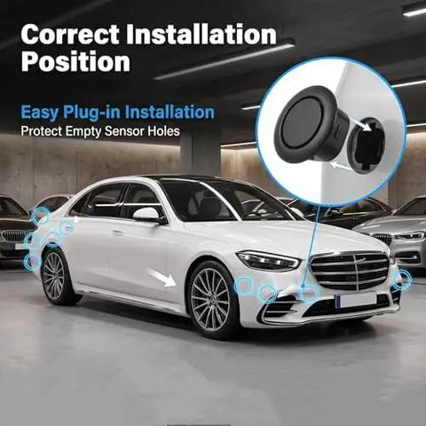 Heavy Duty 4 Pack Bumper Radar Hole Covers For Chevrolet Volt Bolt Euv Blazer Euv displayed on a luxury car, showing installation details.