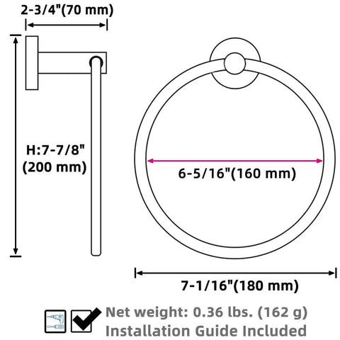 Diagram of Brushed Dark Gold Towel Ring For Bathroom Wall, Heavy Duty SUS 304 Stainless Steel, 6.3 Inch Inner Diameter.