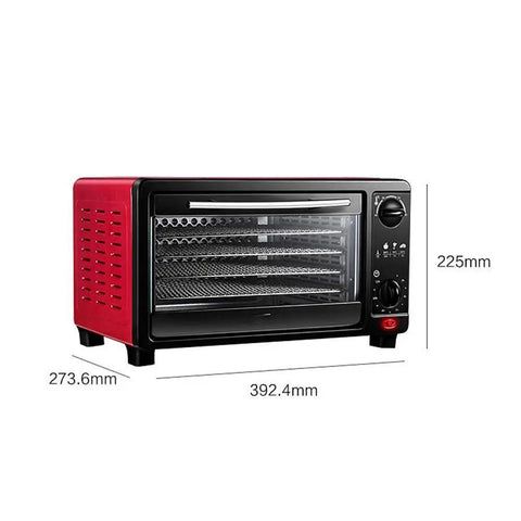 Top Notch 5 Layer Food Dehydrator With Mute No Sweat Drying Cycle And Easy Peasy 24 Hour Timer, red and black, showing 5 trays.