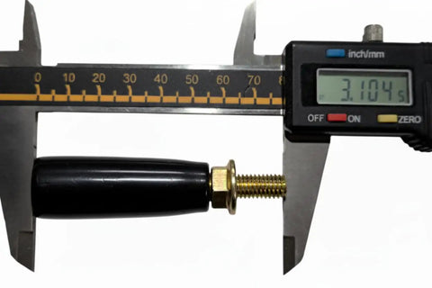 Heavy Duty Swivel Handwheel And Trailer Jack Handle Replacement With M8x1.25 Threads shown with measurement, black handle and brass threading.