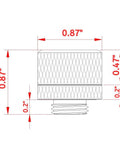 Dimensions of 14mm hard tubing compression fittings for PC water cooling, showing 0.87" height and 0.47" top diameter.