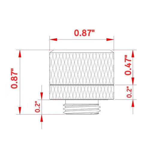 Dimensions of 14mm hard tubing compression fittings for PC water cooling, showing 0.87" height and 0.47" top diameter.
