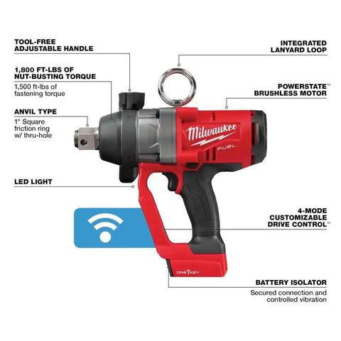 M18 Fuel One Half Inch High Torque Cordless Impact Wrench Bare Tool With Four Mode Drive Control One Key Capability No Compressor Needed