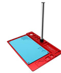 Naturally Rock Solid Microscope Stand With Tight Grip Stainless Steel Bracket And Beefy Aluminum Alloy Phone Repair Workpad Black Pro Level Tech Rig Platform with blue mat and red base.